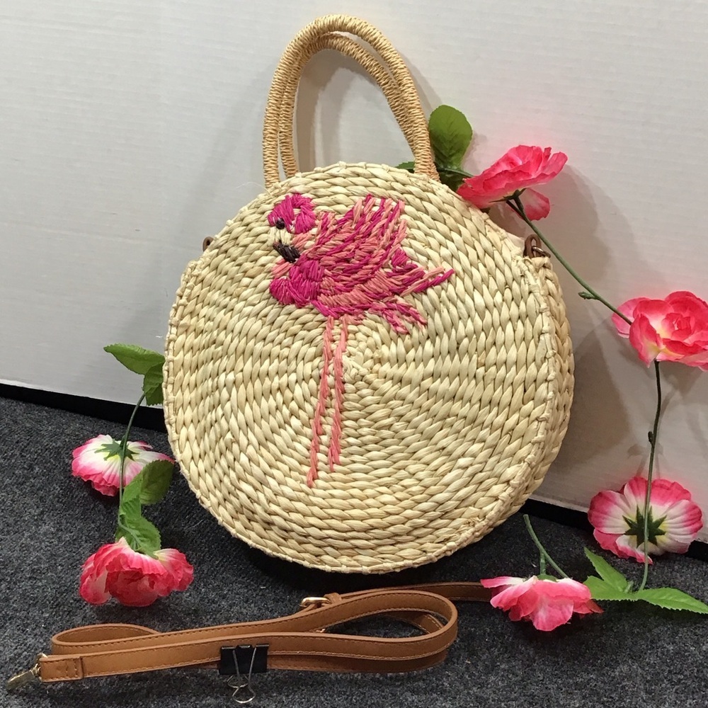 Nordstrom Pink flamingo Embroidered Straw Bag satchel crossbody